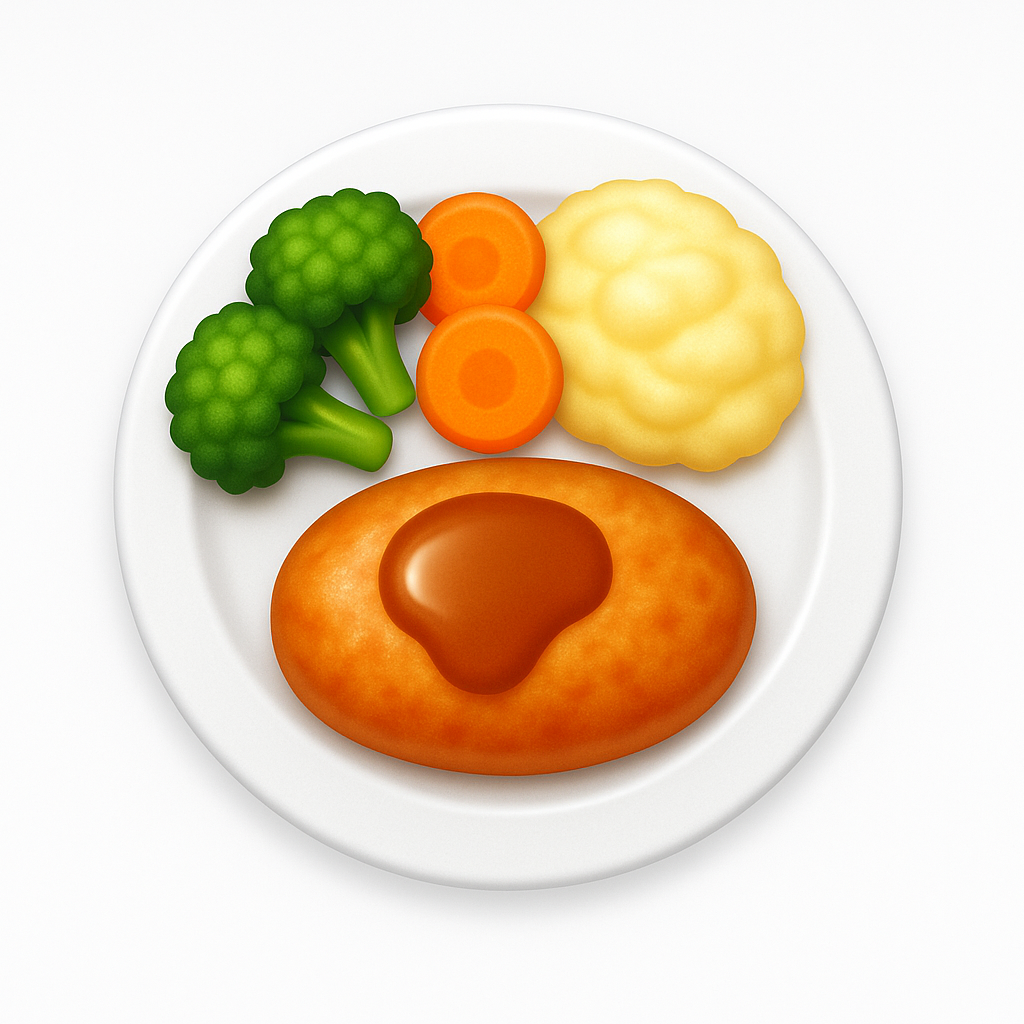 Plated meal with a bun, carrots, broccoli, and cauliflower on a white background